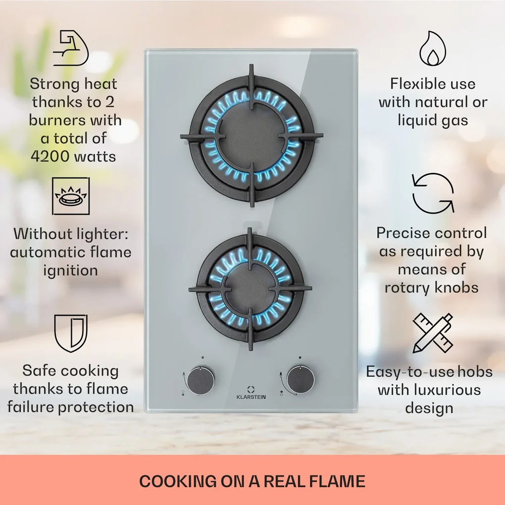 Firetale, plită cu gaz, 2 arzătoare, arzătoare din aluminiu, gaz natural/propan, inclusiv furtun și reductor de presiune
