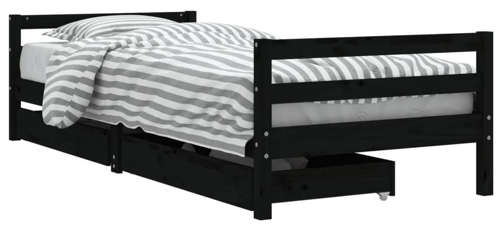 834440 vidaXL Cadru de pat copii cu sertare, negru, 90x200 cm, lemn masiv pin