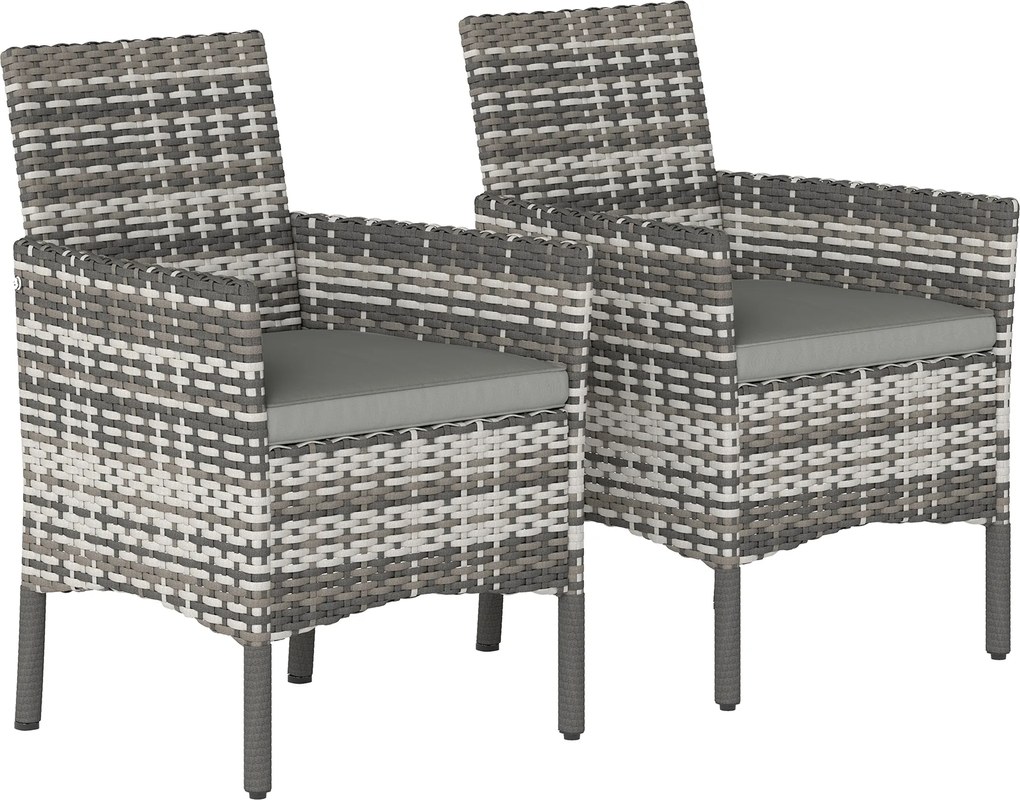 Outsunny Set de 2 Scaune de Grădină din Ratan, Scaune de Exterior cu Perne, Cotiere și Spătar Înalt, Cadru din Oțel pentru Verandă, Balcon, Lângă Piscină și Grădină, Gri | Aosom Romania