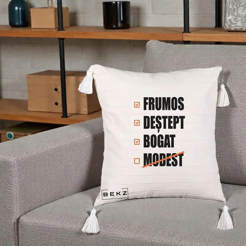 Perna Decorativa Frumos Destept Bogat, 40x40 cm, Bej cu Franjuri, Husa Detasabila, Perna Inclusa, BEKZ®