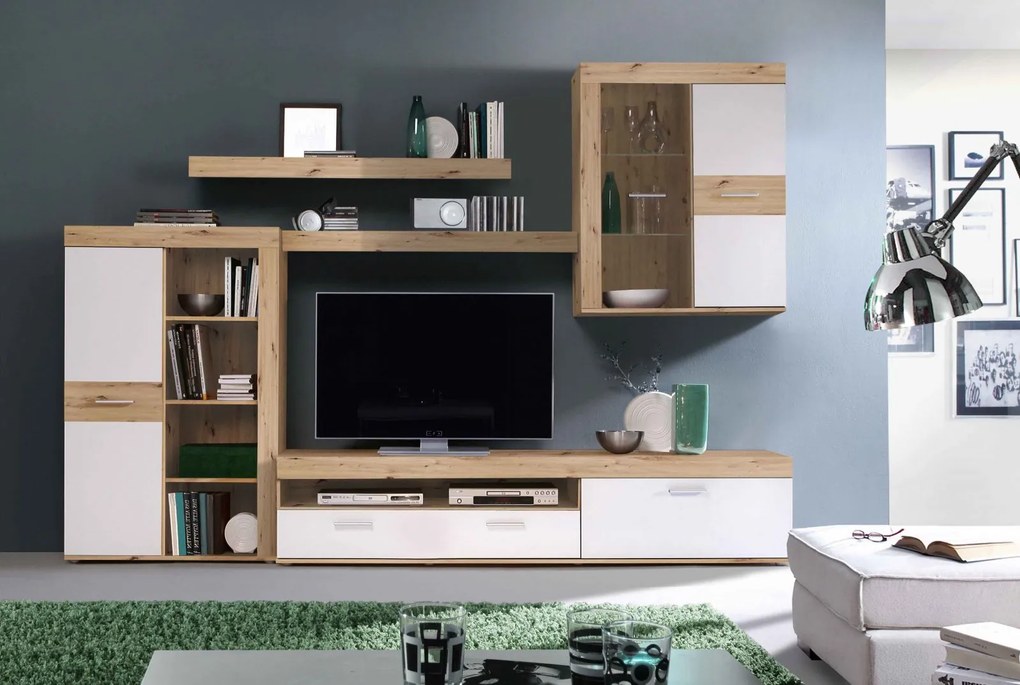Living ATYZON ATZM012LB-C830, 4 corpuri, lumini LED, stejar artisan + alb, 280x41x200,9 cm