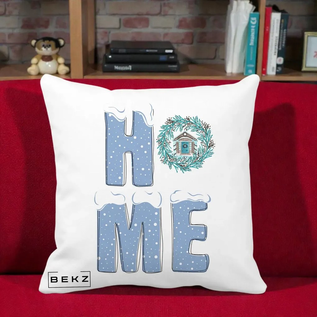 Perna Decorativa HOME Iarna cu Coroana, 40x40 cm, Alba Mata, Husa Detasabila, Perna Inclusa, BEKZ®