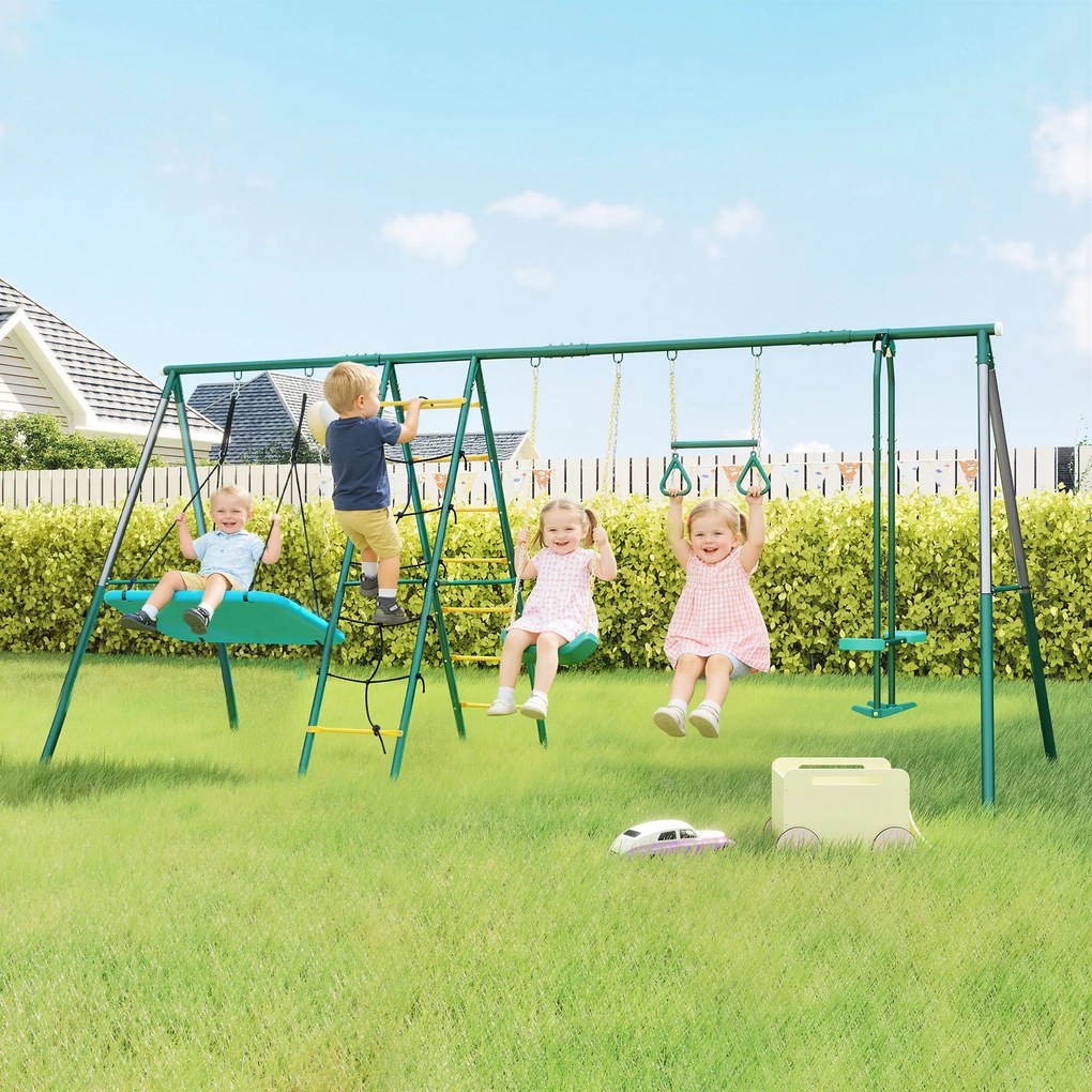 AIYAPLAY Cadru 5-în-1 pentru leagăn cu leagăn-tip-cuib reglabil, inele de gimnastică, scaun dublu, cadru de cățărare pentru 3-8 ani 440x175x203 cm | Aosom Romania