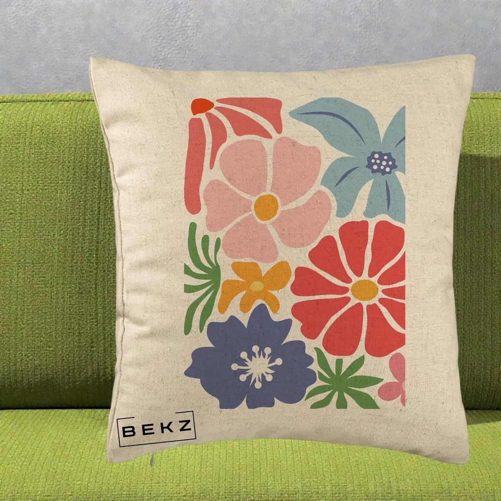 Perna Decorativa Flori Grafice Roz-Rosu-Albastru, 40x40 cm, Bej, Husa Detasabila, Perna Inclusa, BEKZ®
