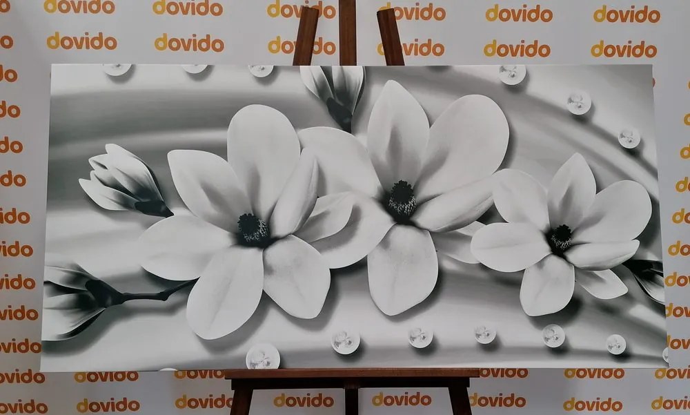 Tablou magnolie luxoasă cu perle în alb-negru