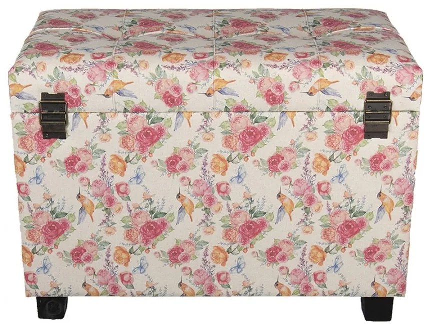 Pouf shabby chic, roz, cu imprimeu floral și păsări, 60x36x43 cm