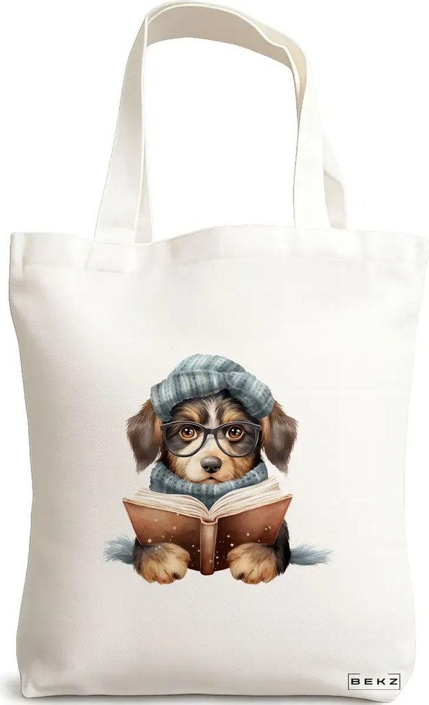 Sacosa de Panza pentru Cumparaturi, Geanta Tote, model Reading puppy 1 38 x 34.5 cm, Alba, BEKZ®