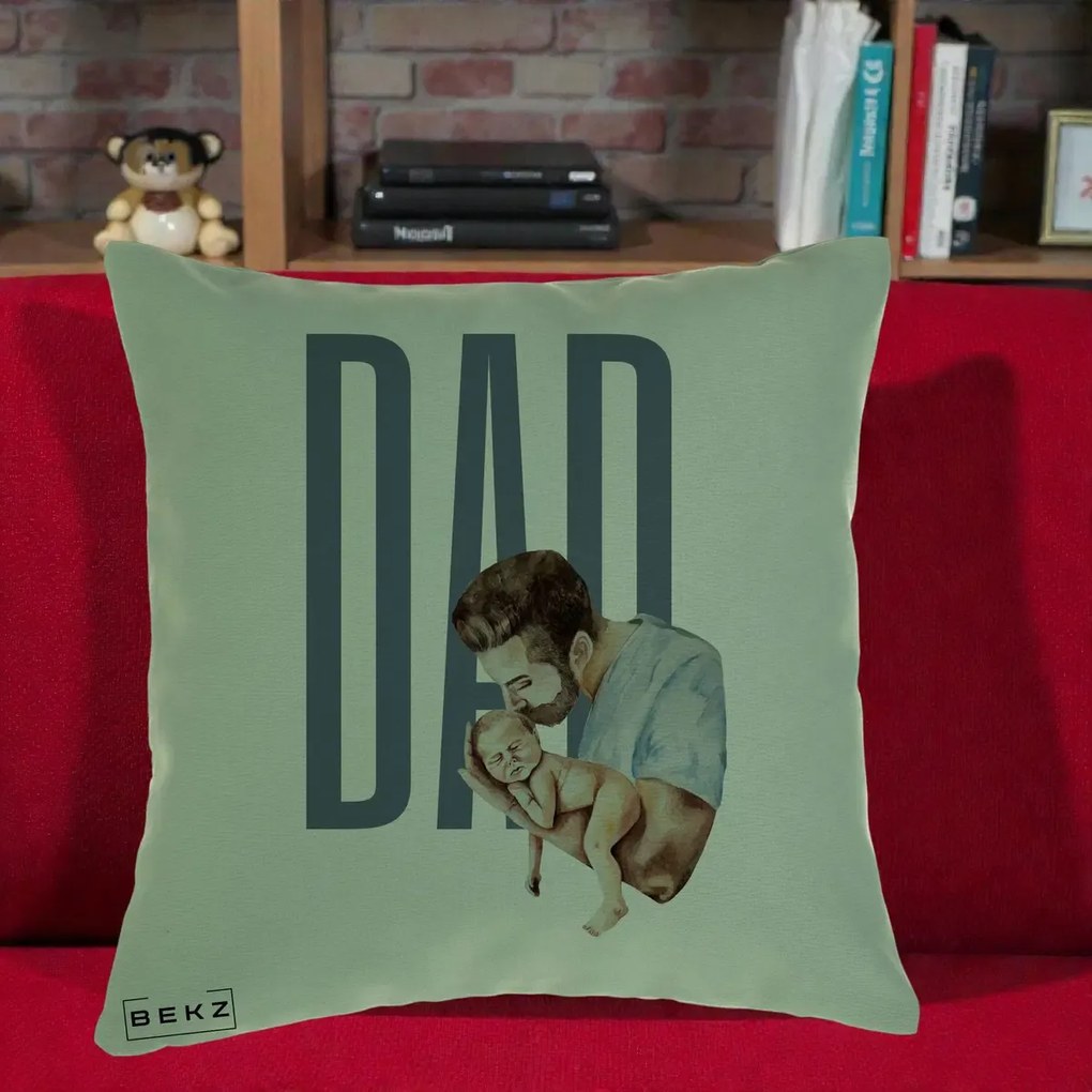 Cadou pentru Tata - Perna Personalizata DAD Tata si Nou-Nascut, 40x40 cm, Verde, Husa Detasabila, Perna Inclusa, BEKZ®