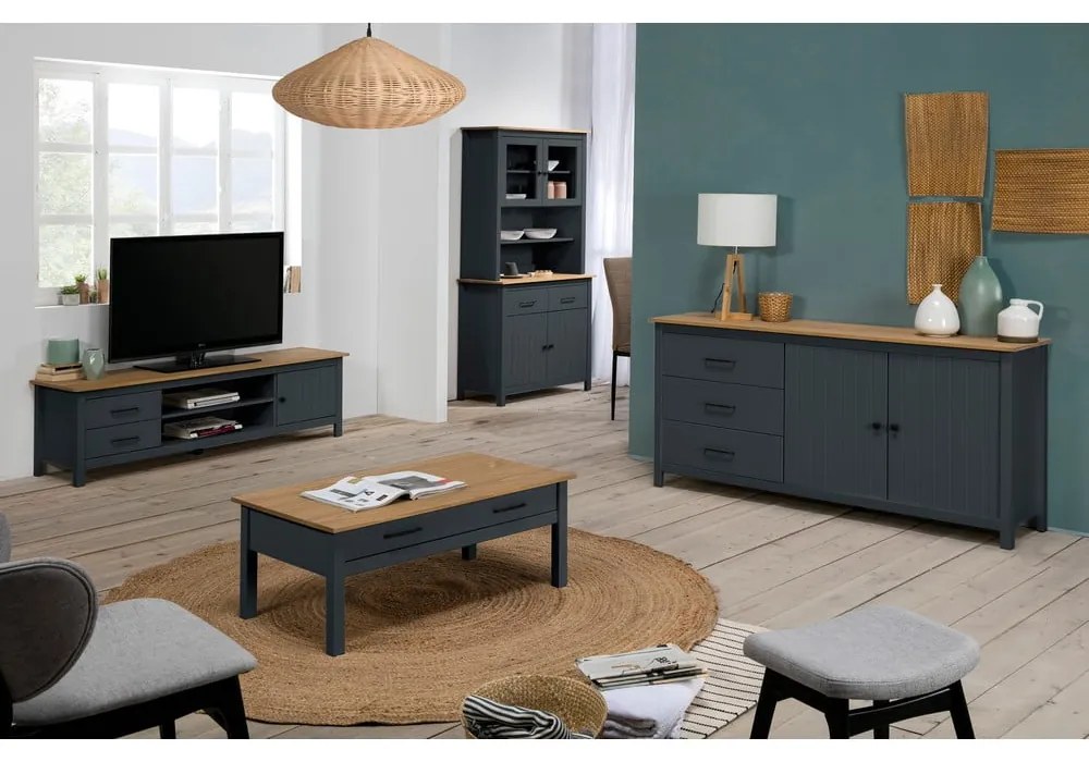 Comodă albastru-închis din lemn masiv de pin 150x80 cm Miranda – Marckeric