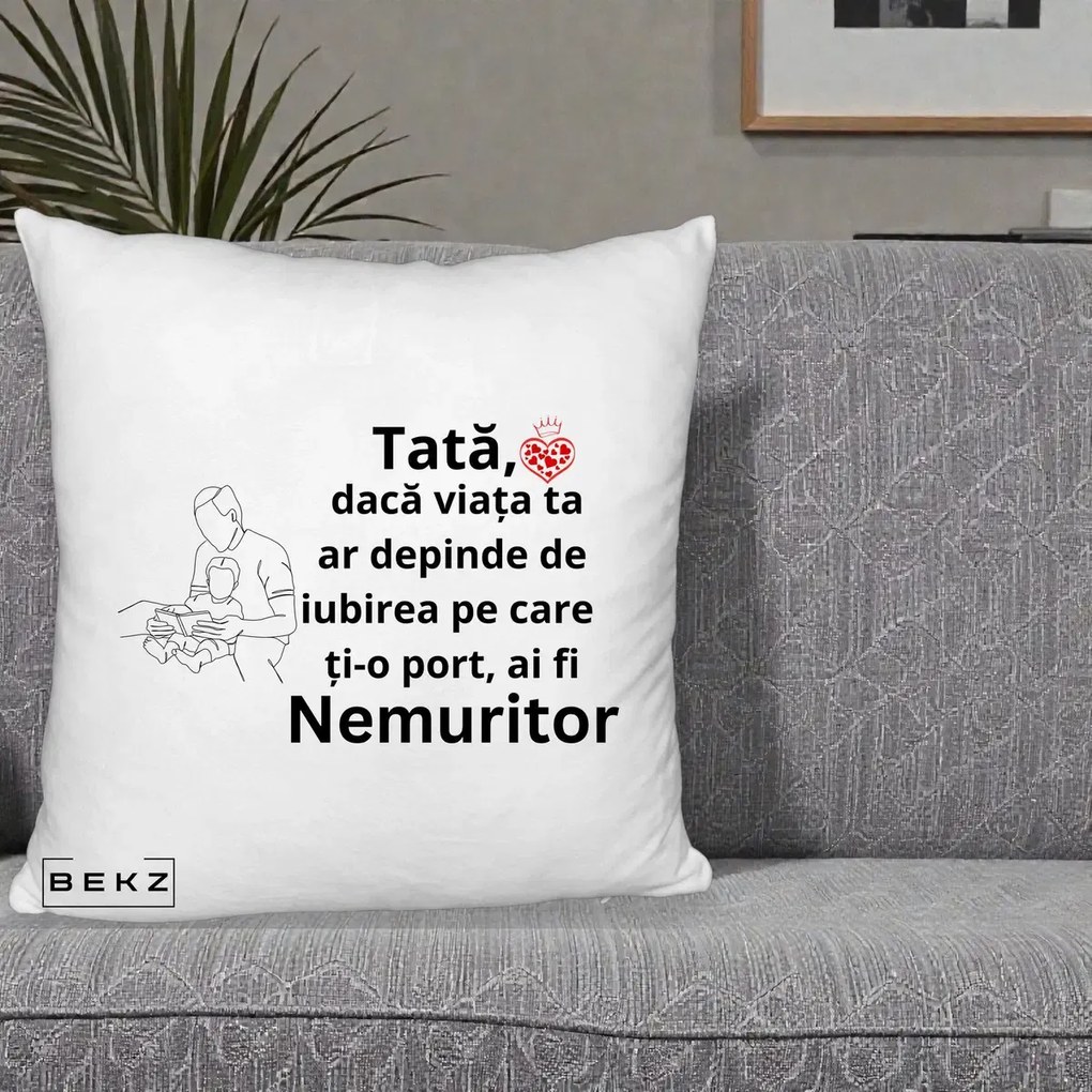 Cadou pentru Tata - Perna Personalizata Tata Nemuritor Lectura, 40x40 cm, Alb Pufos, Husa Detasabila, Perna Inclusa, BEKZ®