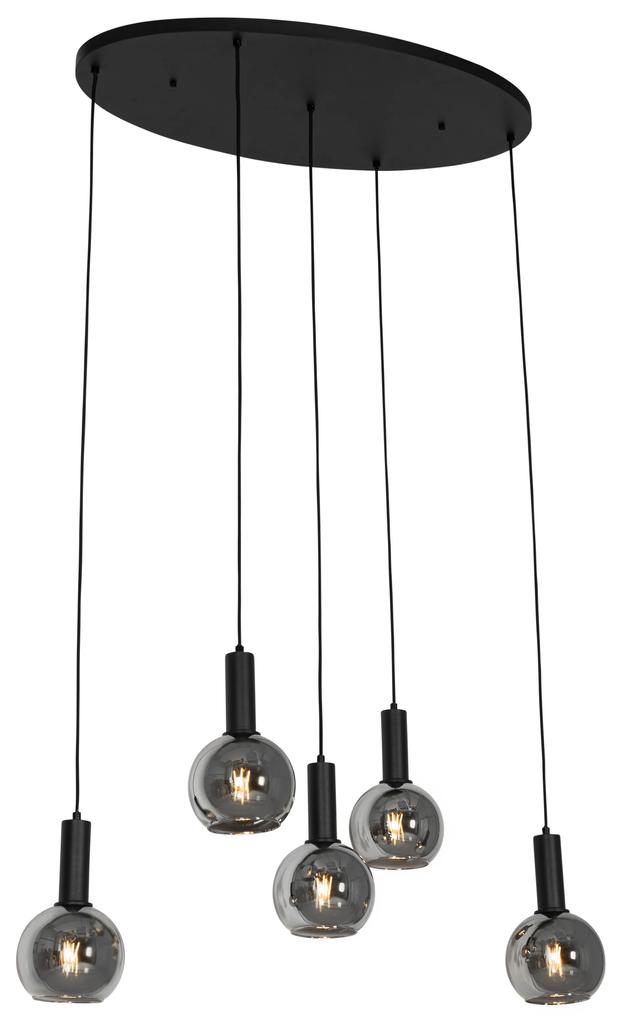 Lampă de suspendare Art Deco neagră cu sticlă fumă ovală 5 lumini - Josje