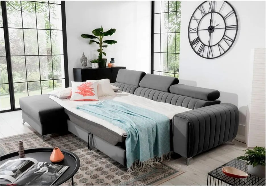 Colțar gri extensibil/cu spațiu de depozitare cu tapițerie din catifea (cu colț pe partea stângă/cu șezlong) Grayson – ELTAP