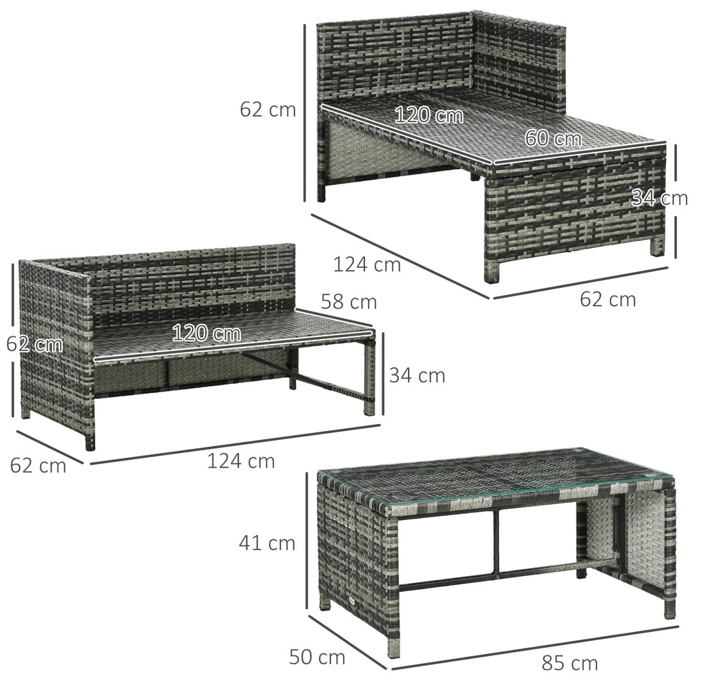 Outsunny Mobilier pentru Grădină cu Canapea cu 2 Locuri, Șezlong și Măsuță, Set pentru Grădină din Ratan, 62x124x62 cm, Gri | Aosom Romania