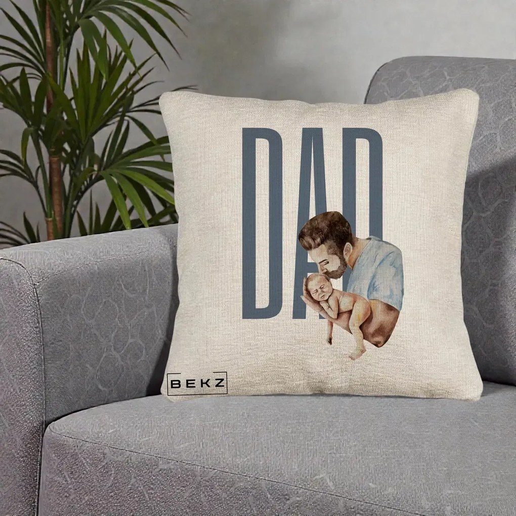 Cadou pentru Tata - Perna Personalizata DAD Tata si Nou-Nascut, 40x40 cm, Bej Canapea, Husa Detasabila, Perna Inclusa, BEKZ®