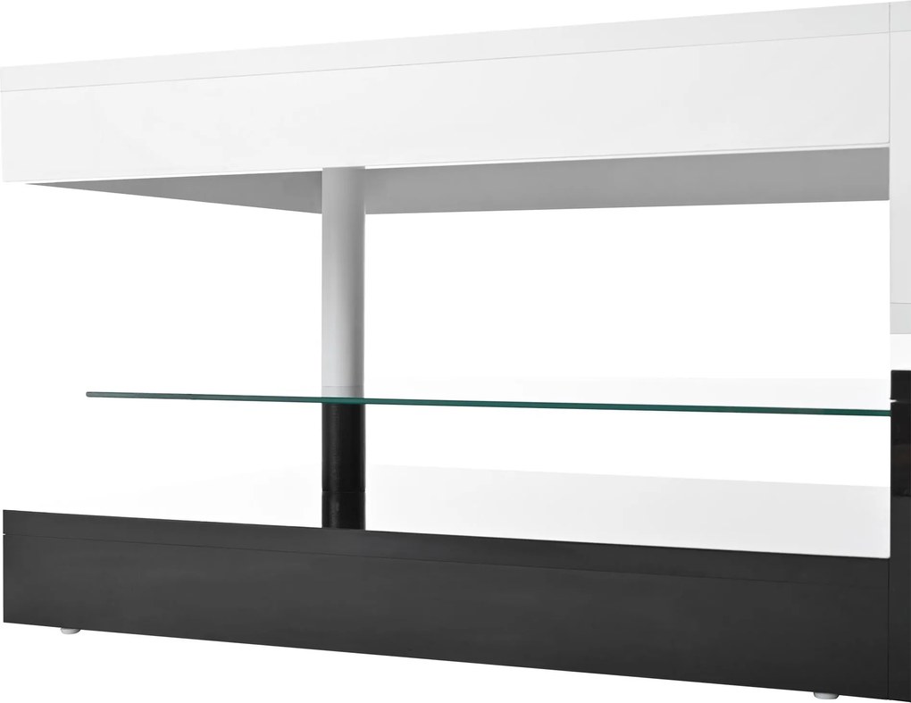 Masă de cafea cu iluminare ambientală LED, poliță din sticlă &amp; finisaj lucios, 90x45x35,5 cm, Alb+Negru