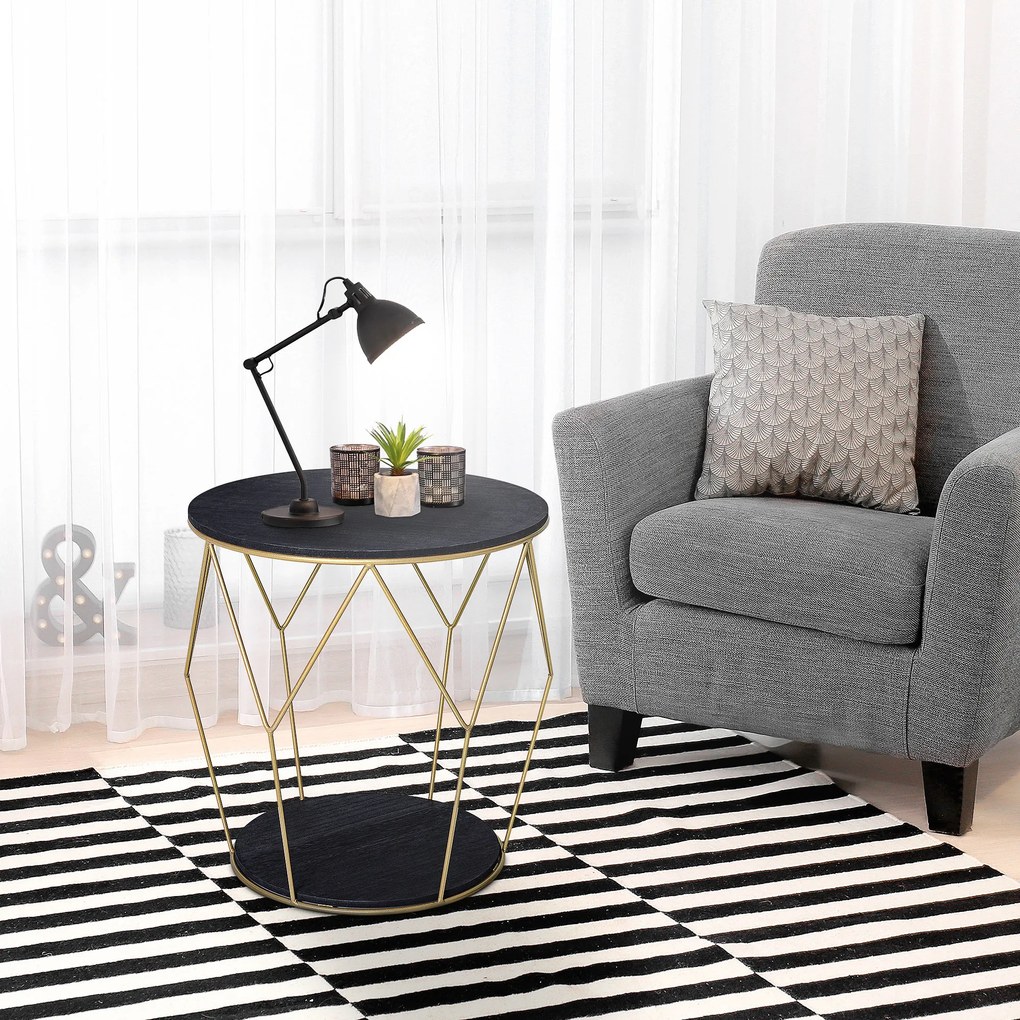 Masuta Rotunda, Design Geometric cu spatiu de depozitare, din Metal si MDF Negru si Auriu HOMCOM | Aosom Romania