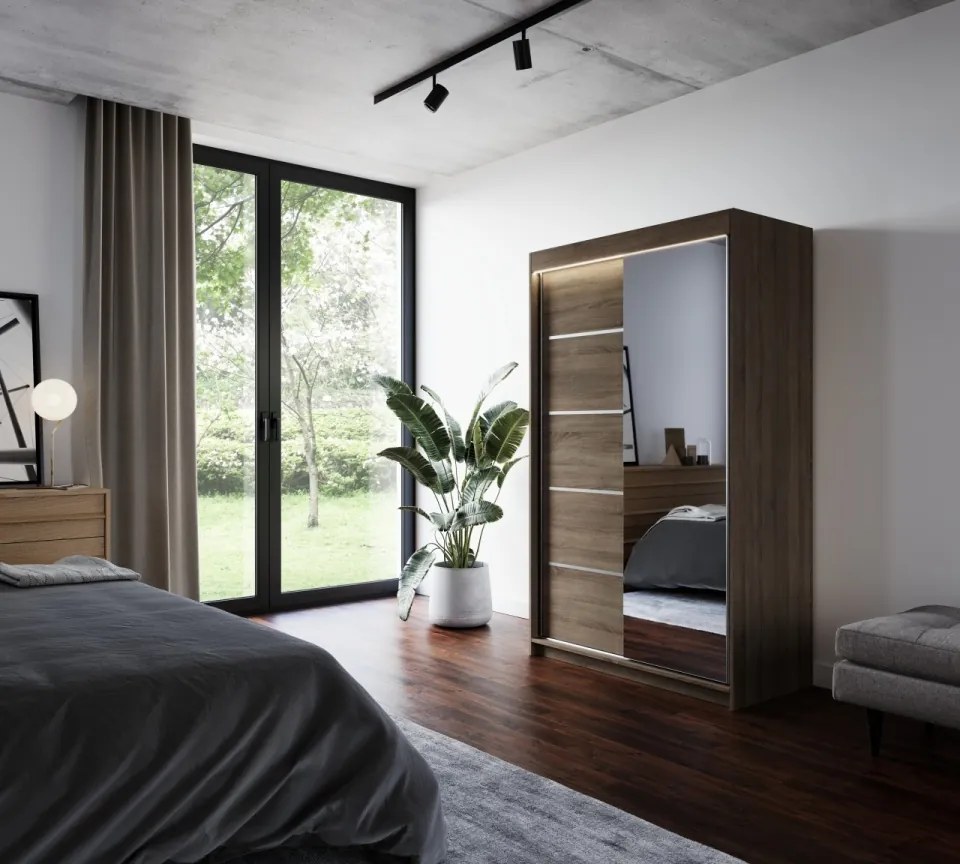 Dulap cu usi glisante si oglinda + iluminare LED, Nicea 120 + LED, 120 cmx200 cmx58 cm, ADRK Furniture (Culoare: Alb / Sonoma)