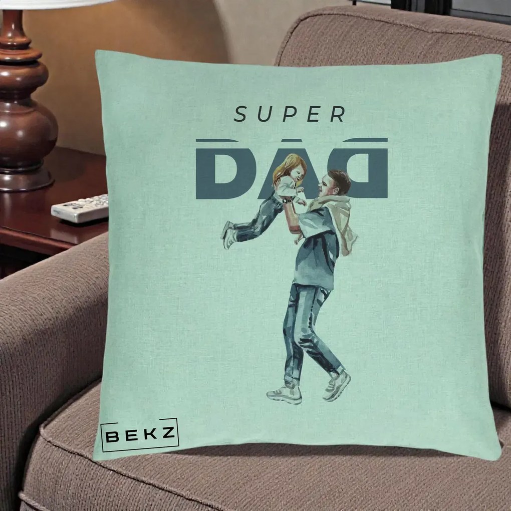 Cadou pentru Tata - Perna Personalizata Super DAD Tata si Fiica, 40x40 cm, Verde Menta, Husa Detasabila, Perna Inclusa, BEKZ®