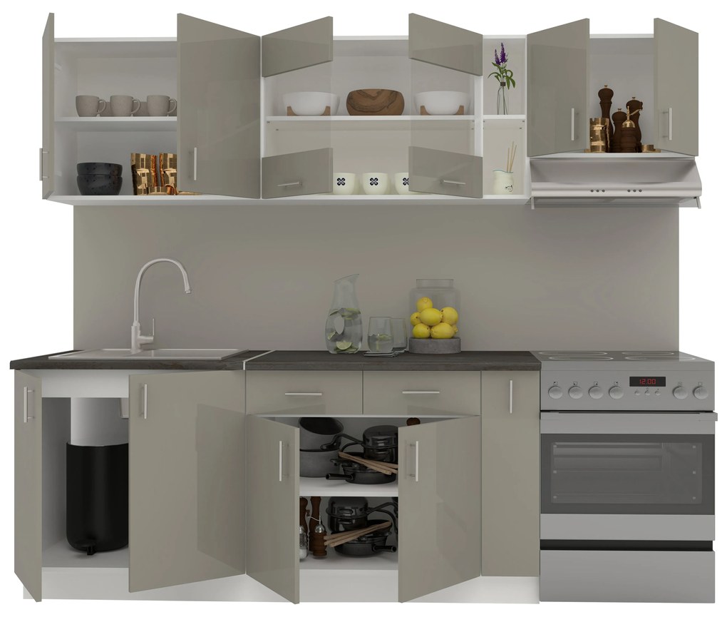 Set Bucatarie Karo V16, Gri Lucios/Alb, MDF, Blat Thermo 28 mm, L 240 cm