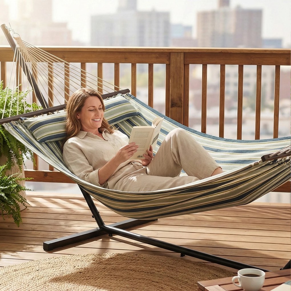 Outsunny Hamac pe cadru 353 cm, hamac cu suport din oțel cu pernă detașabilă și bare de distanțare, vert | Aosom Romania