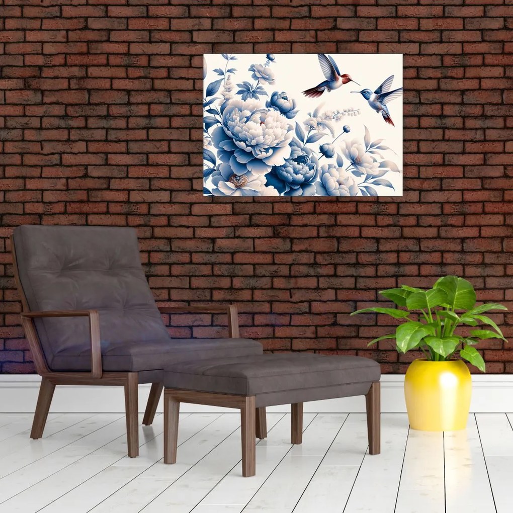 Tablou pe sticlă - Colibri deasupra florii (70x50 cm)