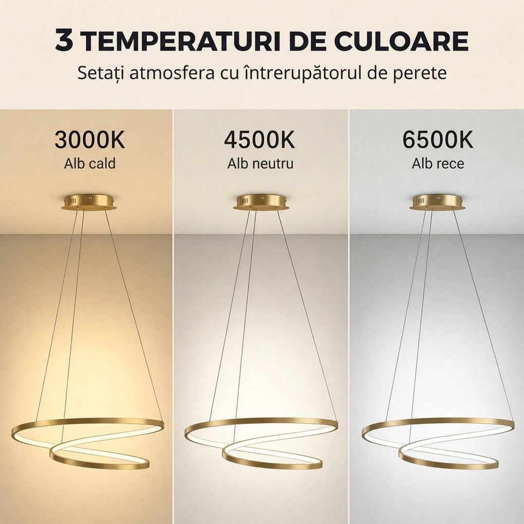 HOMCOM Lampă suspendată LED 38W cu 2 inele și 3 temperaturi de culoare, 3000-6500K, înălțime reglabilă, auriu | Aosom Romania