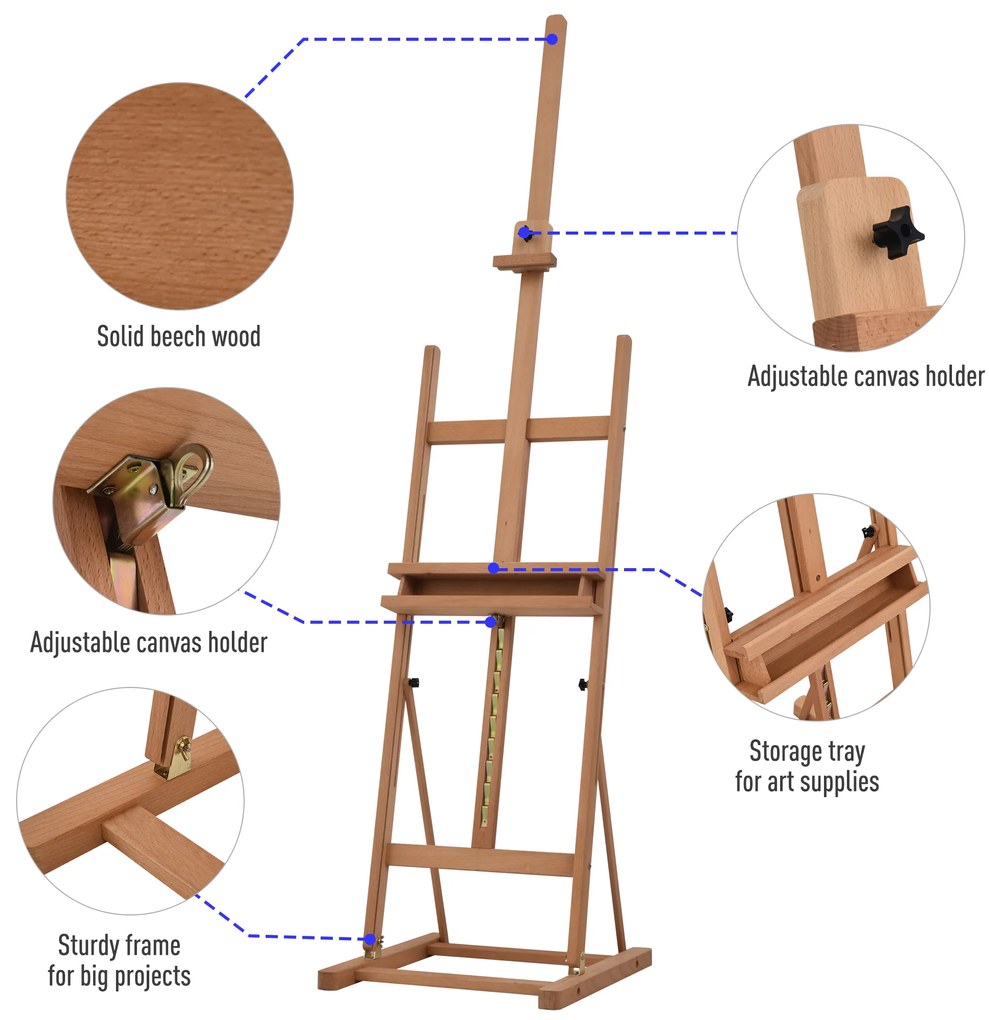 Vinsetto Sevalet Pictura Mare din Lemn de Fag, Sevalet  pentru Desen Reglabil cu Compartiment Depozitare, 53x50.5x171-230cm | Aosom Romania