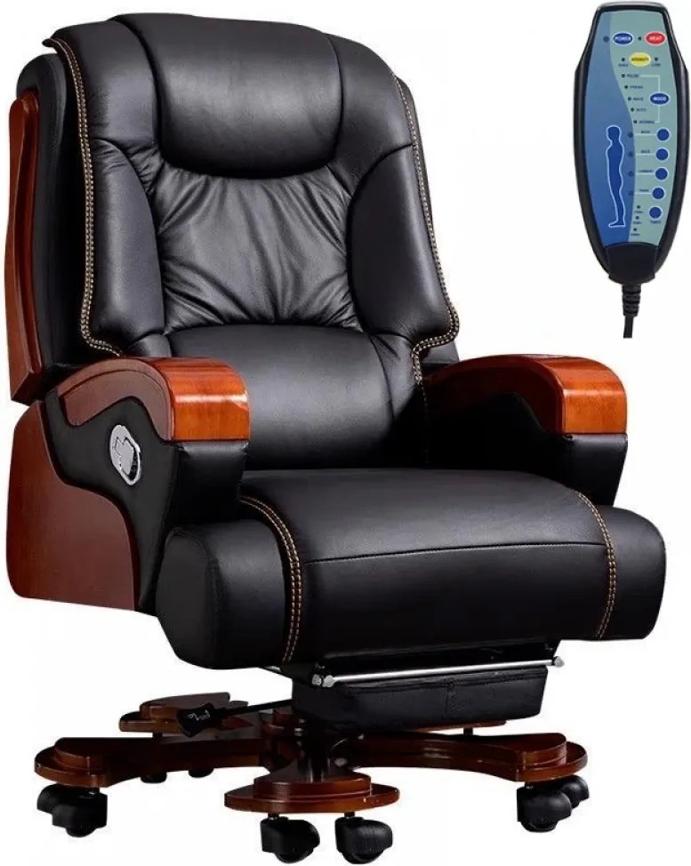 Regal Elite – Scaun directorial din Piele Naturală si Lemn Masiv, Masaj in 7 puncte, Funcție Încălzire, Înclinare 135°, Suport Picioare Extensibil, Sezut cu Arcuri, Telecomandă, Negru