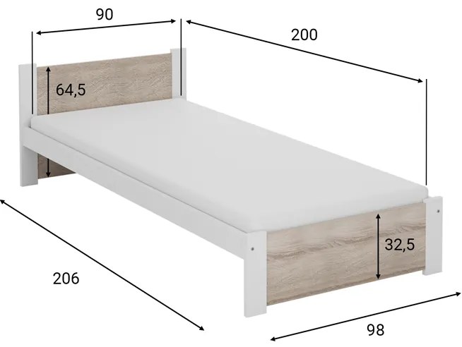Pat Ikaros, alb/stejar sonoma 90x200 cm Saltele: Cu saltele Coco Maxi 20 cm, Somiera pat: Cu lamele drepte