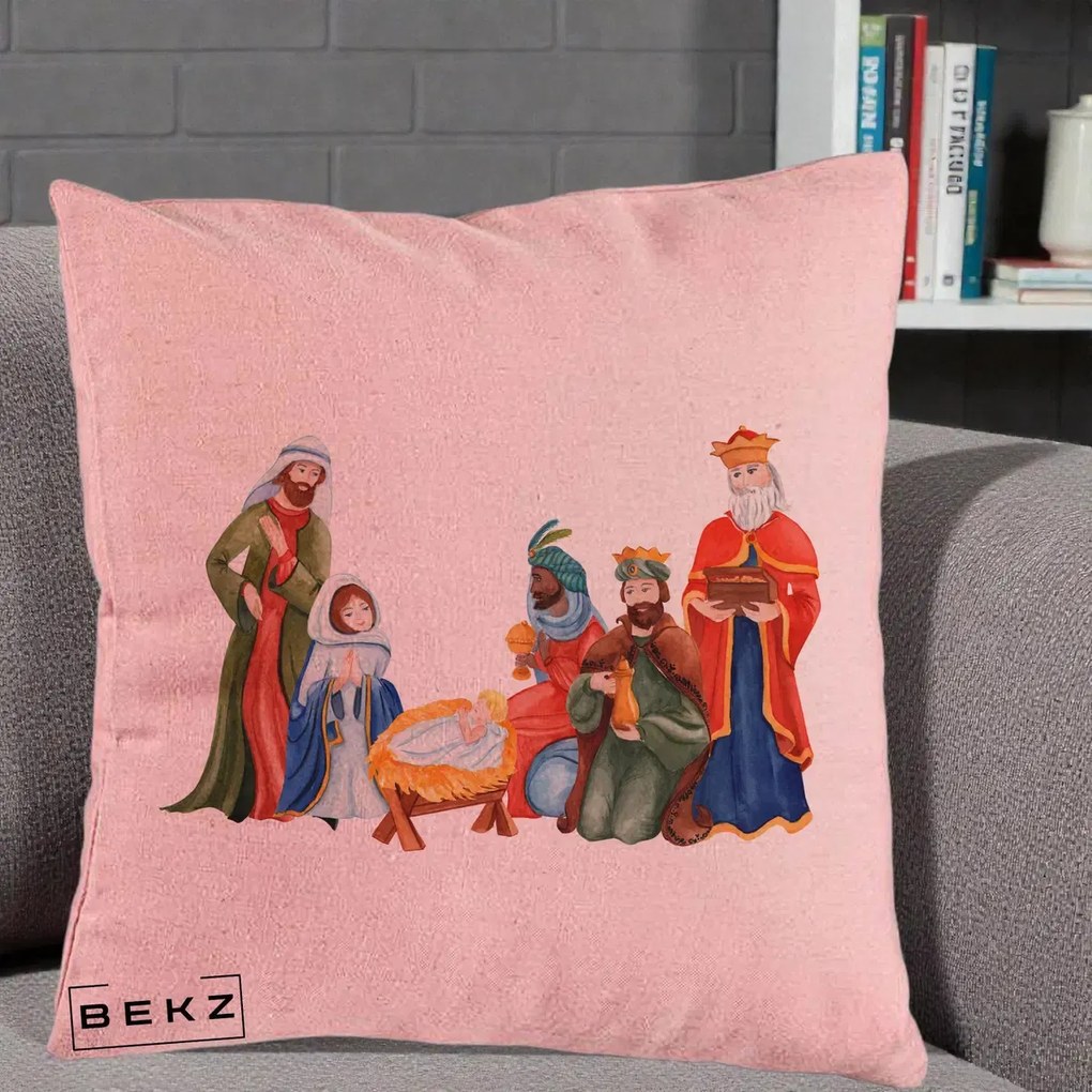 Perna Decorativa Nasterea Domnului Cei Trei Magi Acuarela, 40x40 cm, Roz, Husa Detasabila, Perna Inclusa, BEKZ®