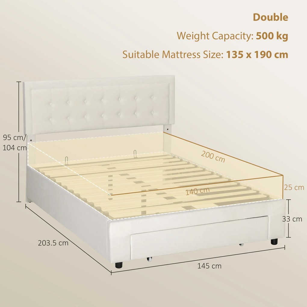 HOMCOM Cadru de pat dublu cu somieră și spațiu de depozitare pe pistoane, sertar pe roți, tăblie reglabilă capitonată efect velur, crem | Aosom Romania