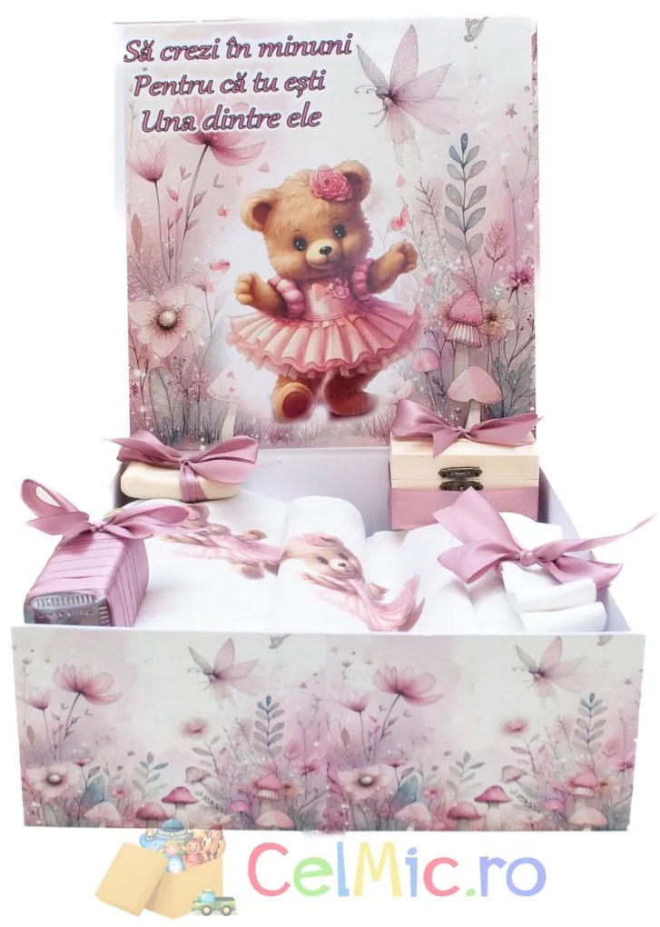 Trusou botez personalizat cu 8 piese - Ursulet Roz - SPB-108
