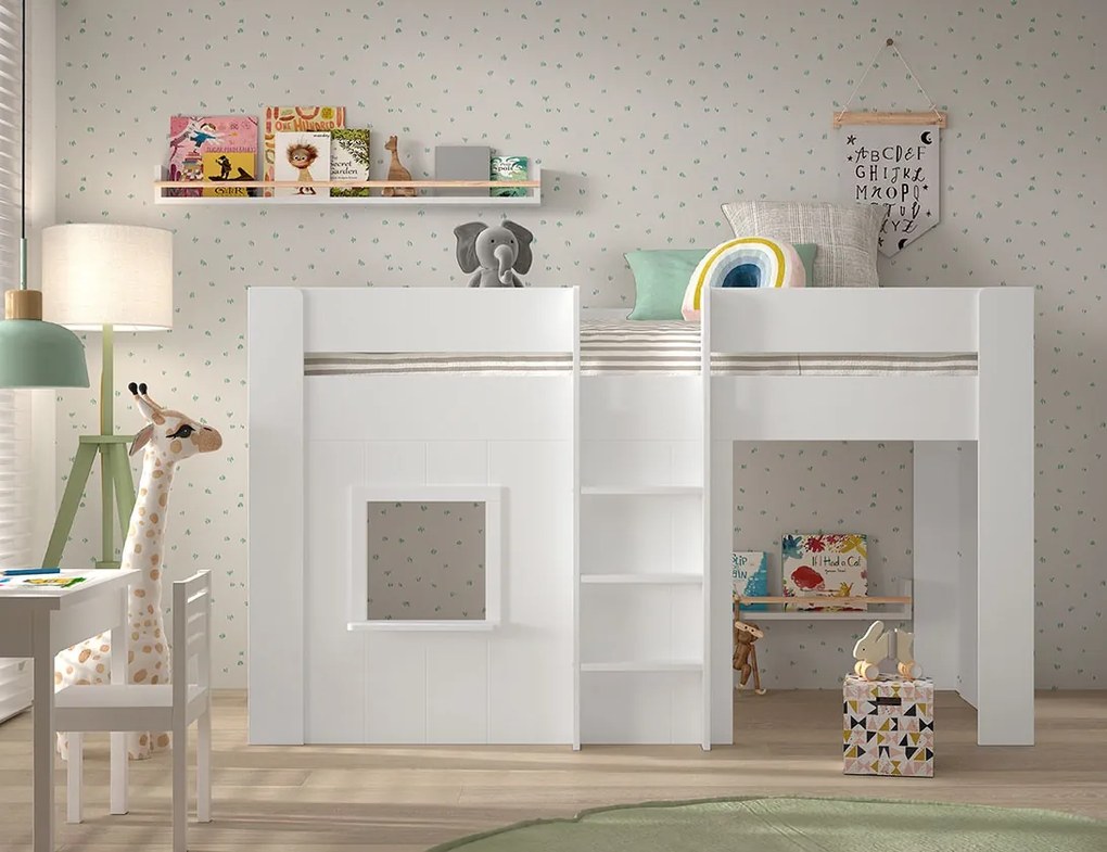 Pat semi-supraetajat pentru copii RENO, alb, 90 x 200 cm, din MDF lacuit de înaltă calitate, cu spațiu multifunctional dedesubt – Vipack