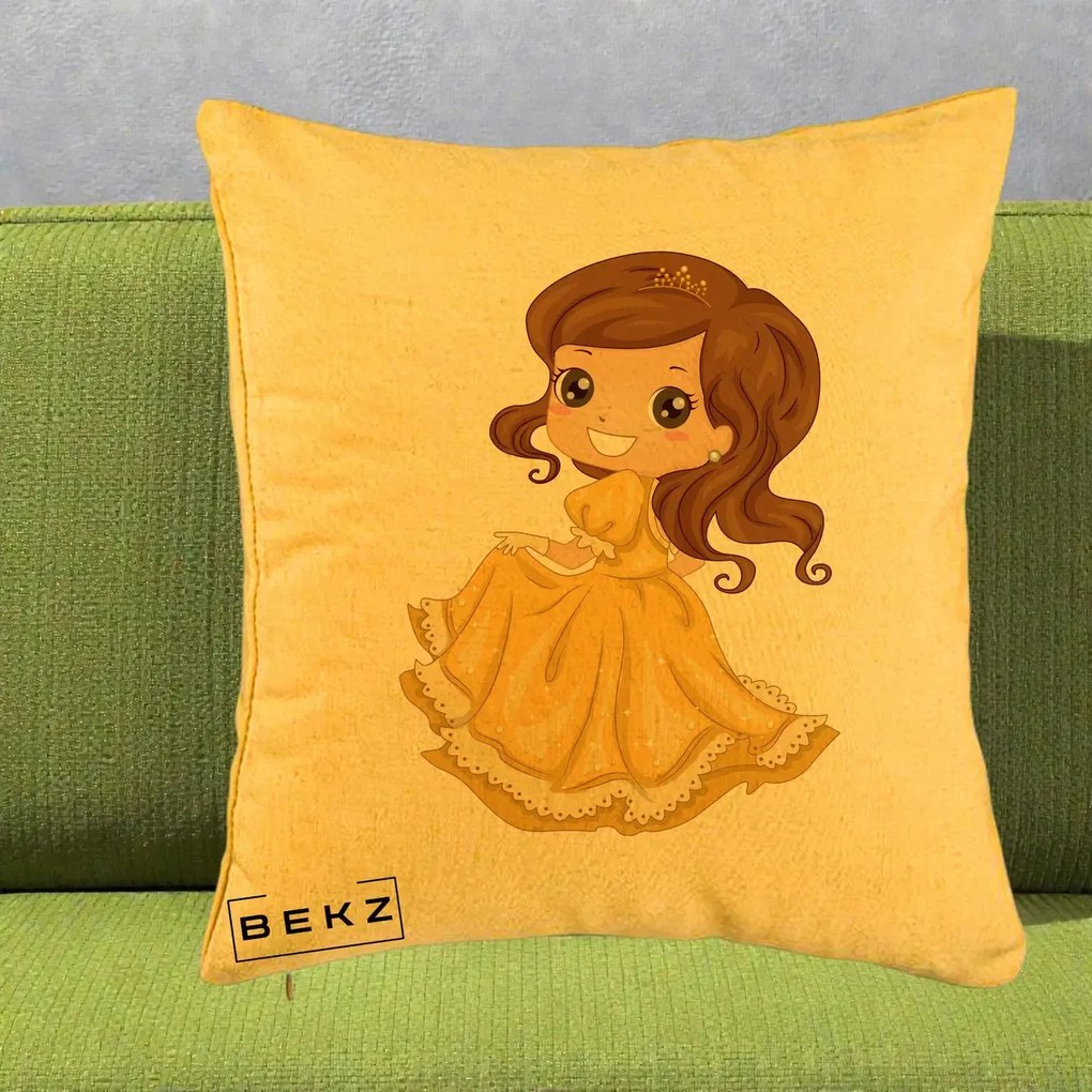 Perna Decorativa Printesa Bella Rochie Aurie, 40x40 cm, Galben, Husa Detasabila, Perna Inclusa, BEKZ®