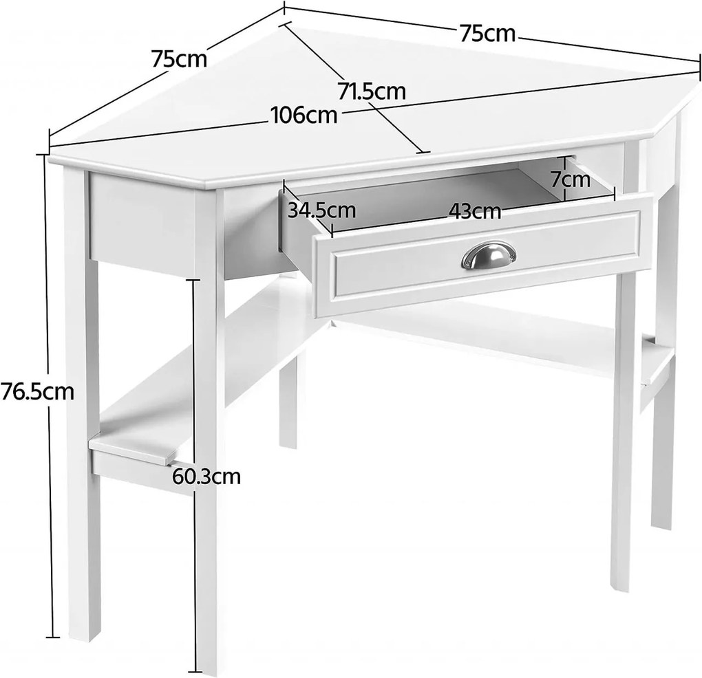 BIA211 - Masa de birou pe colt, 75 cm, home office cu 1 sertar - Alb