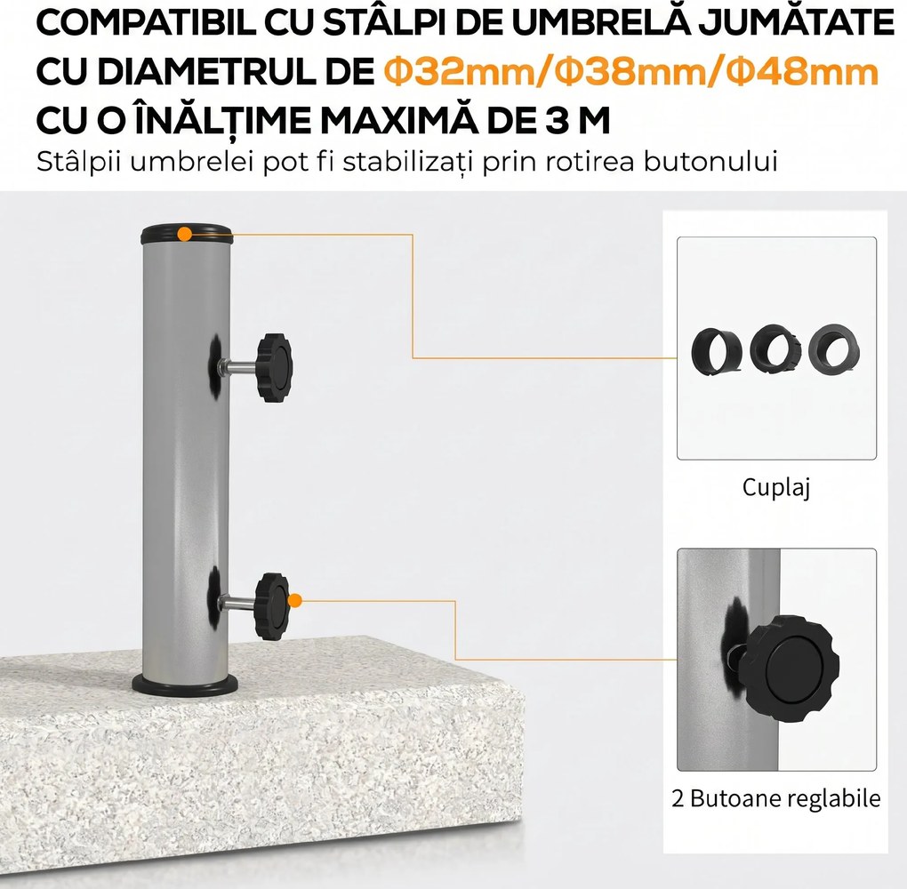 Outsunny Baza Umbrelă Gradină 25kg Granit Oțel Inoxidabil pentru Stâlpi Ø32-48mm | Aosom Romania