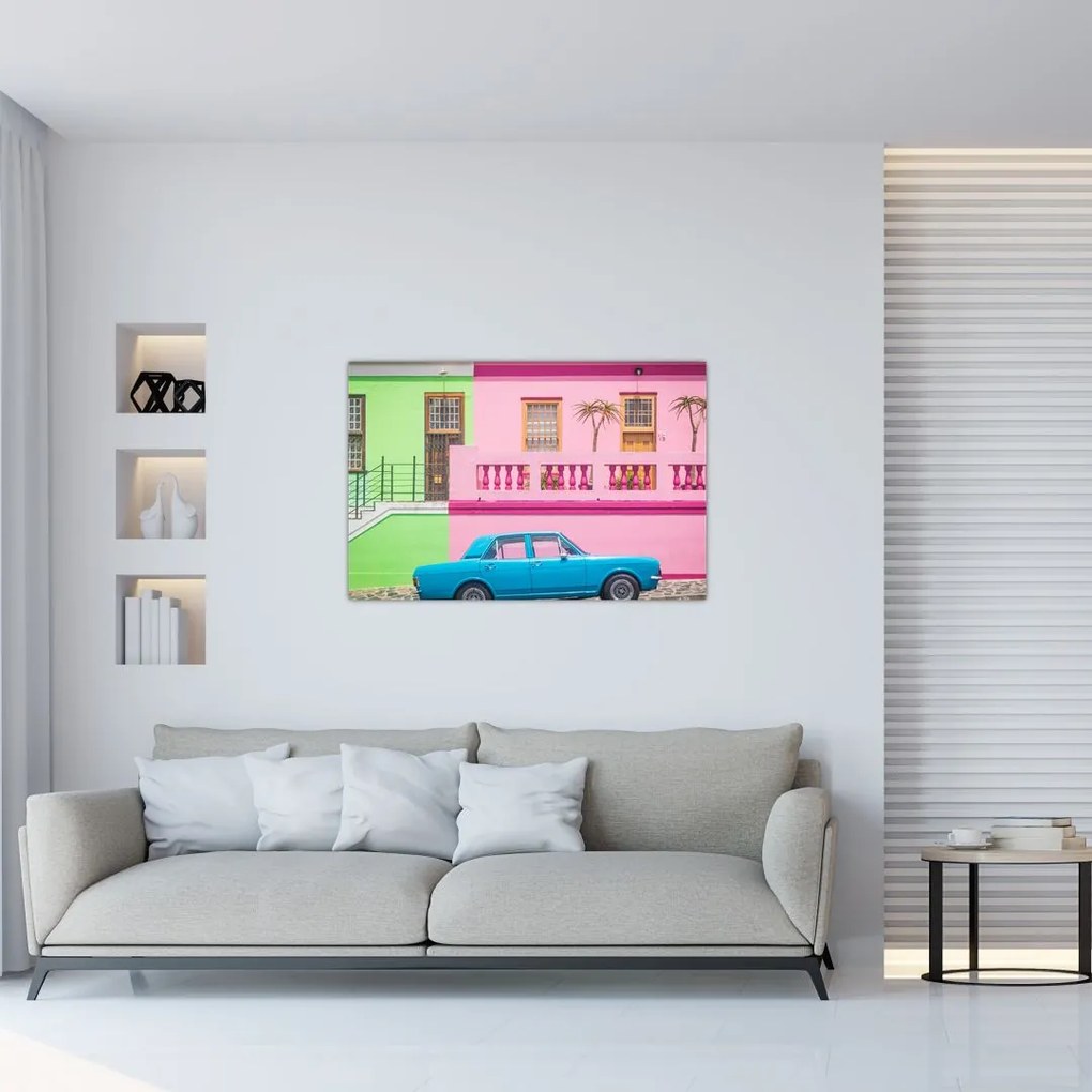 Tablou cu mașina - casele colorate (90x60 cm)