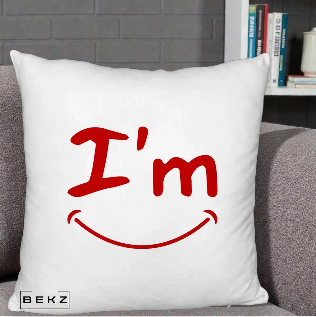 Perna Decorativa I'm Happy Smile, 40x40 cm, Alb Pufos, Husa Detasabila, Perna Inclusa, BEKZ®