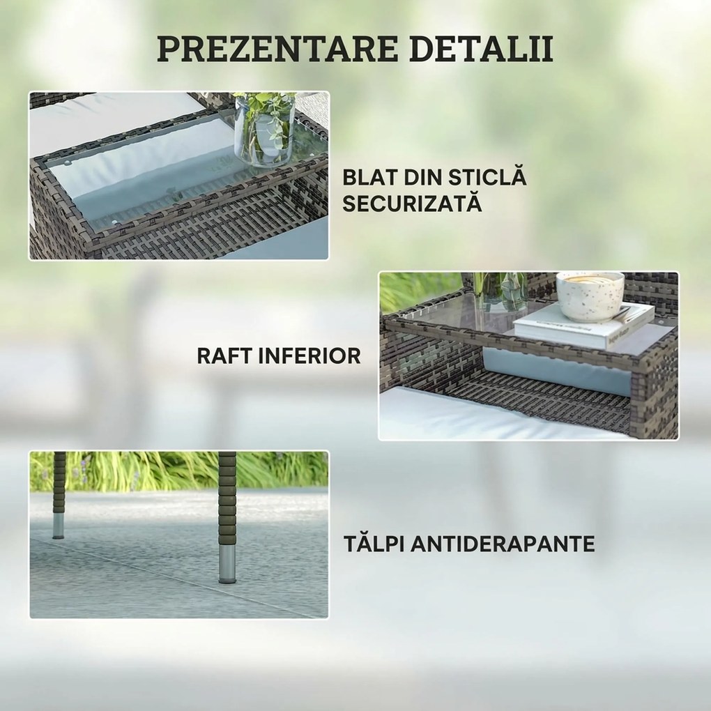 Outsunny Bancă de Grădină cu 2 Locuri din Rattan și Oțel, Bancă de Exterior cu Perne și Măsuță Centrală cu Blat din Sticlă Securizată, 135x64x81 cm, Gri Închis | Aosom Romania