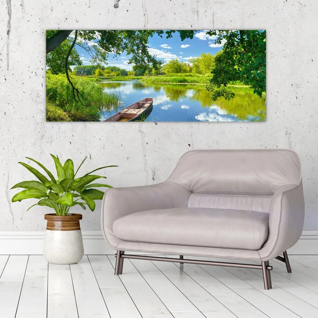 Tablou cu râu de vară și barcă (120x50 cm)