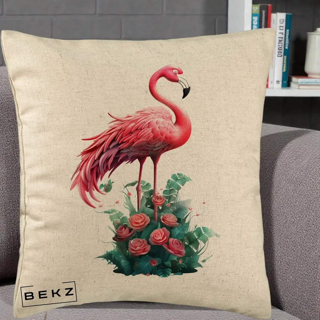 Perna Decorativa Flamingo cu Trandafiri Tropicali, 40x40 cm, Bej, Husa Detasabila, Perna Inclusa, BEKZ®