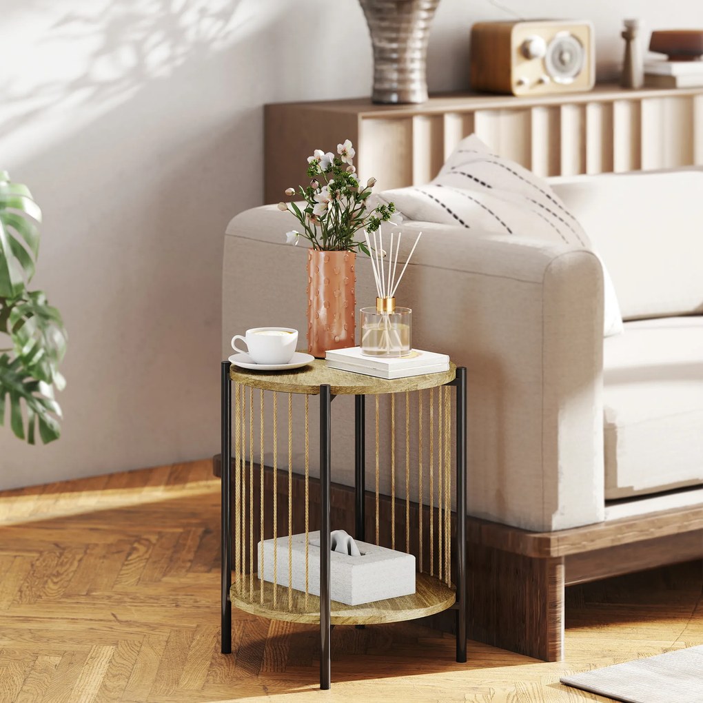 HOMCOM Masă Auxiliară Rotundă de 2 Nivele cu Raft și Structură de Oțel pentru Sufragerie Dormitor 43,5x43,5x51 cm Lemn Natural | Aosom Romania
