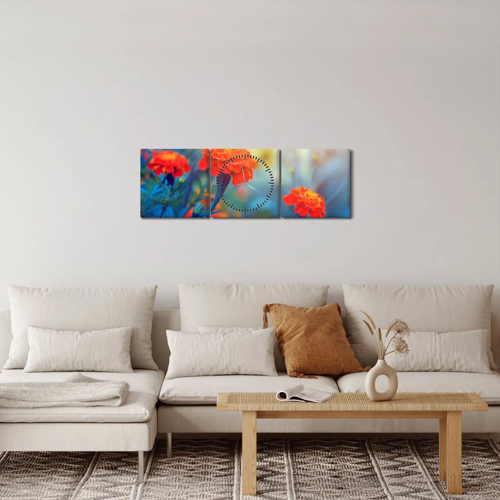 Tablou - Flori portocalii (cu ceas) (90x30 cm)