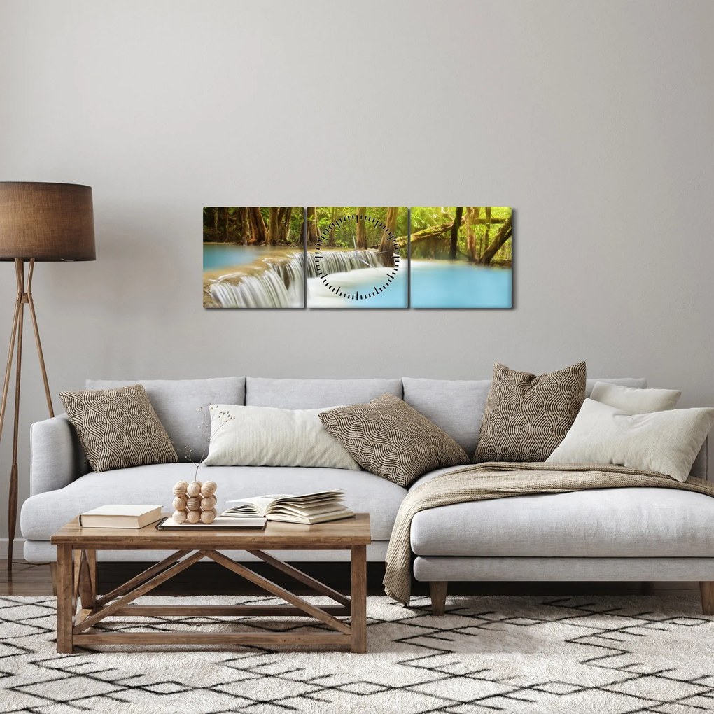 Tablou cu cascada Huai Mae Kamin în pădure (cu ceas) (90x30 cm)