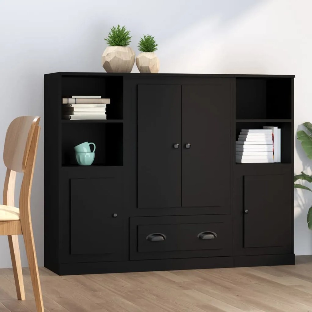 3185320 vidaXL Dulapuri înalte, 3 piese, negru, lemn prelucrat