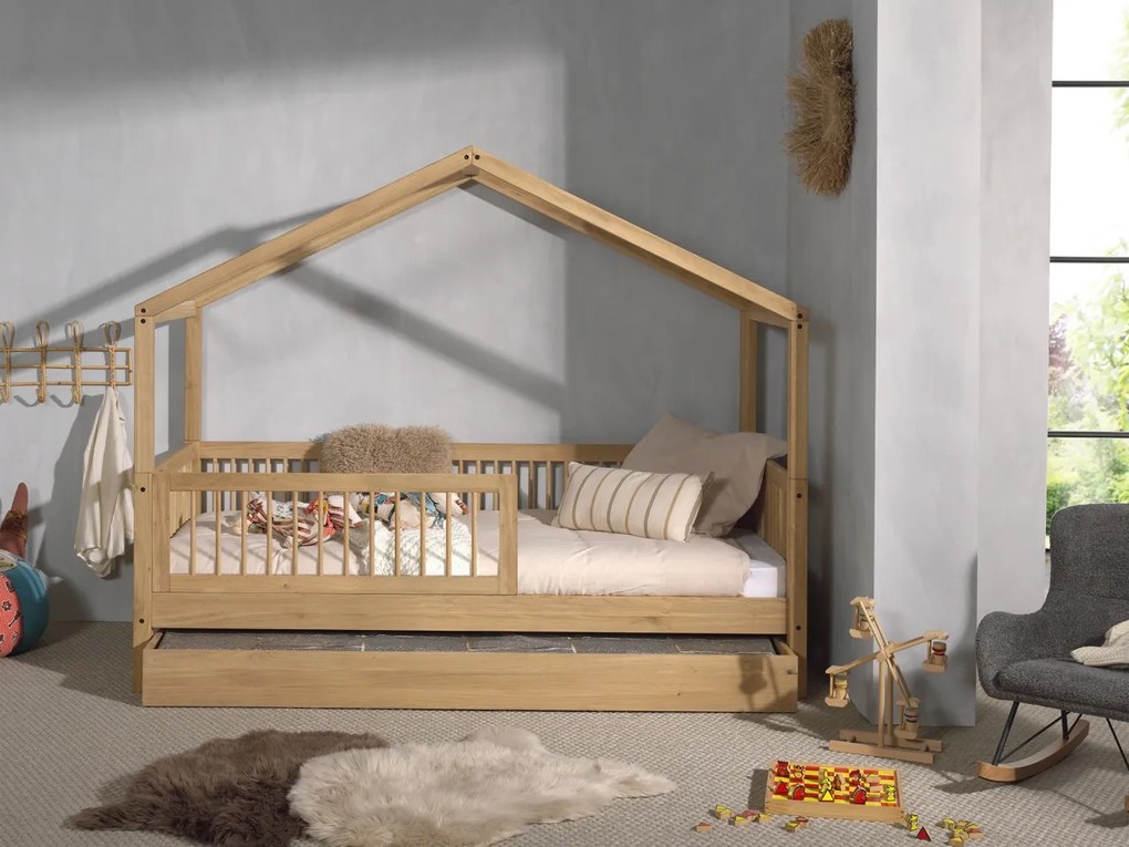 Set FORREST OAK format dintr-un Pat copii Vipack (90 x 200 cm), un sertar și o bară de siguranță.