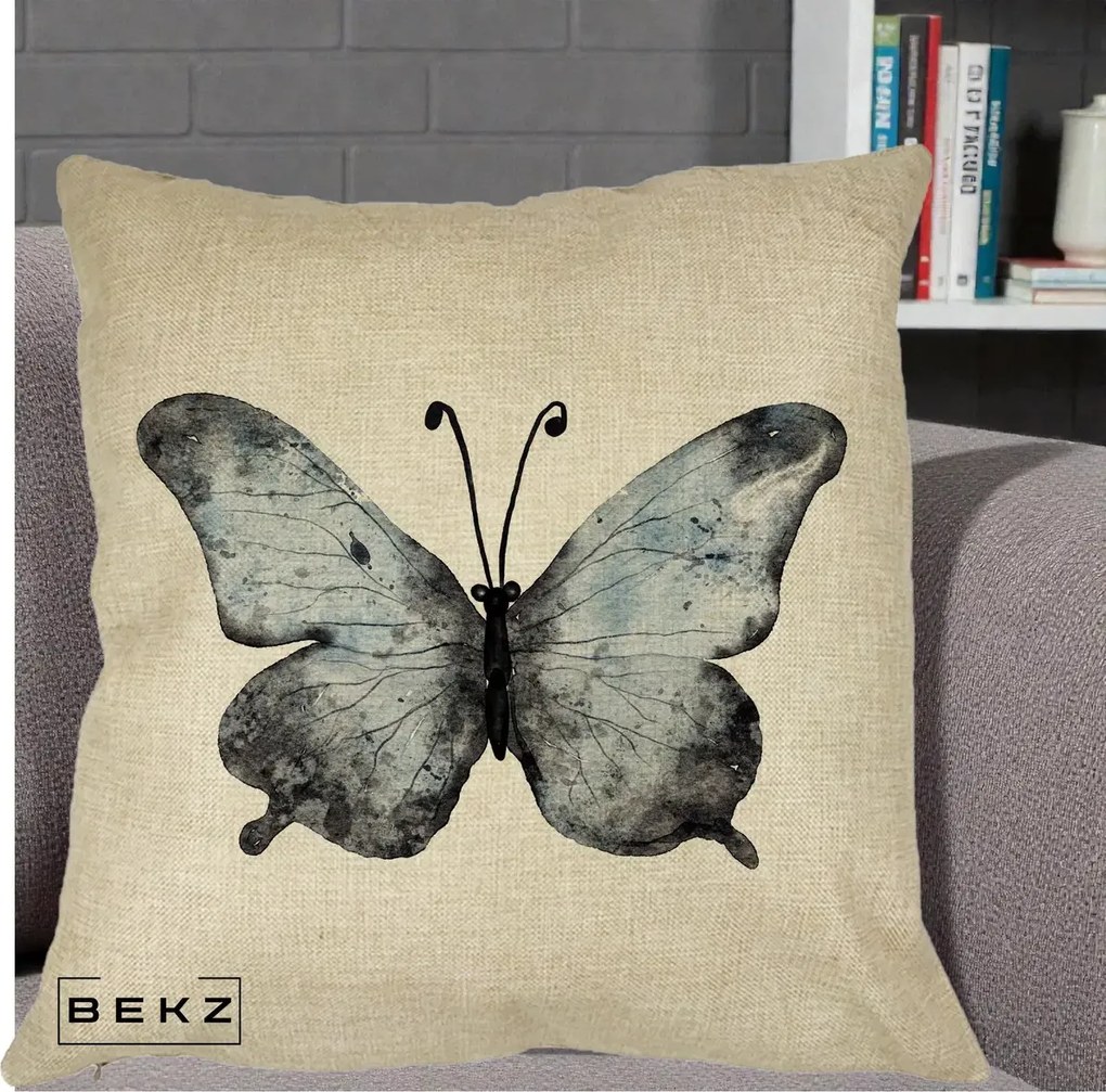 Perna Decorativa Fluture Acuarela Albastru-Gri, 40x40 cm, Crem, Husa Detasabila, Perna Inclusa, BEKZ®