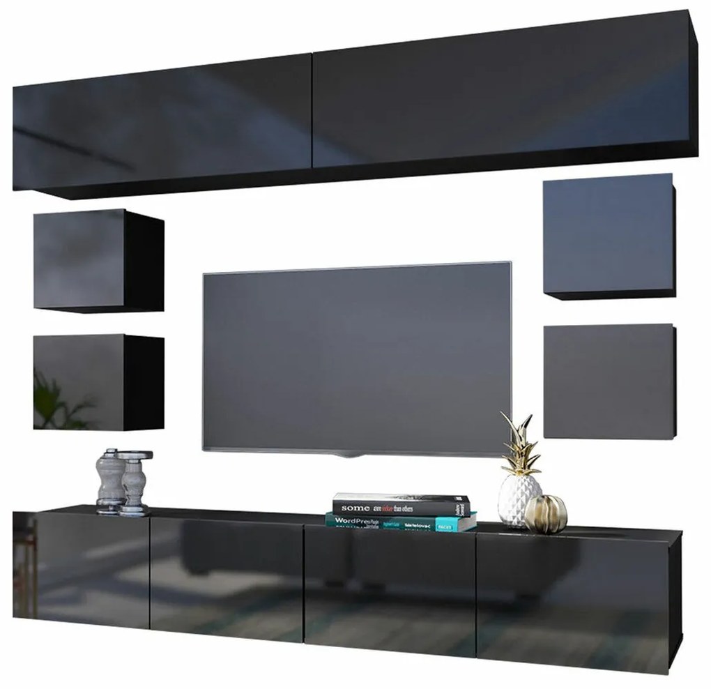Camera de zi Providence B132Negru lucios, Negru, Părți separate, Cu comodă tv, Cu componente suplimentare, PAL laminat, 210x43cm, 81 kg