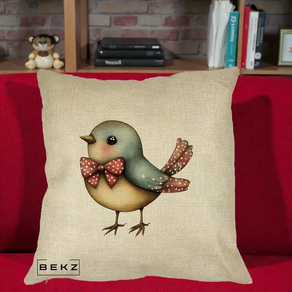 Perna Decorativa Pasare Bleu cu Fundita Rosie, 40x40 cm, Crem, Husa Detasabila, Perna Inclusa, BEKZ®