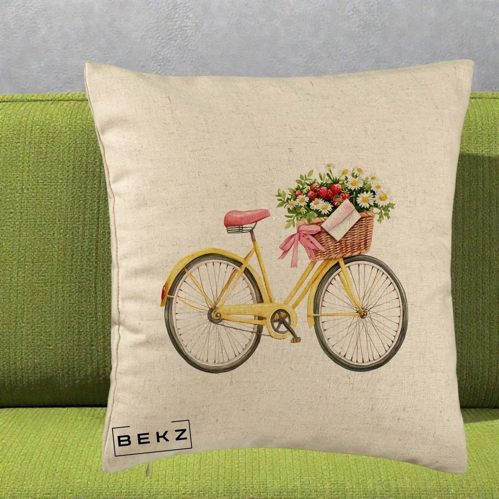 Perna Decorativa Bicicleta Galbena cu Cos de Flori Primavara, 40x40 cm, Bej, Husa Detasabila, Perna Inclusa, BEKZ®